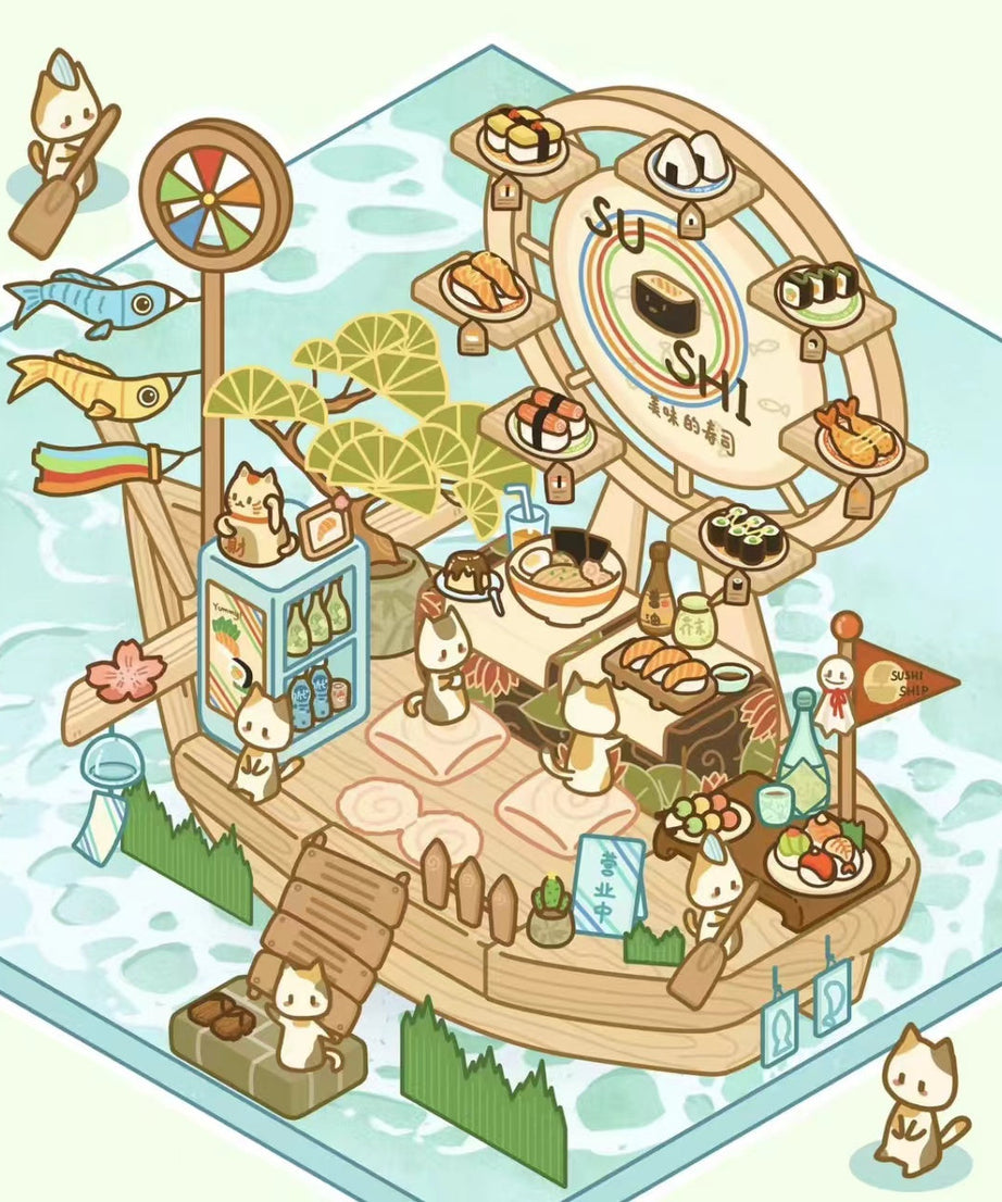 DIY Miniature Sticker Scene,Cat Burger Shop|Ferris Wheel Sushi|Hot Spring|Pizza Shop