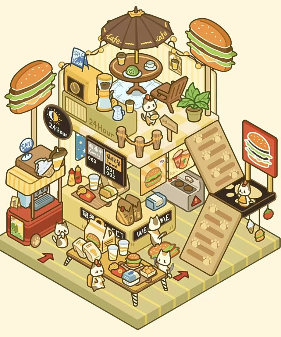 DIY Miniature Sticker Scene,Cat Burger Shop|Ferris Wheel Sushi|Hot Spring|Pizza Shop