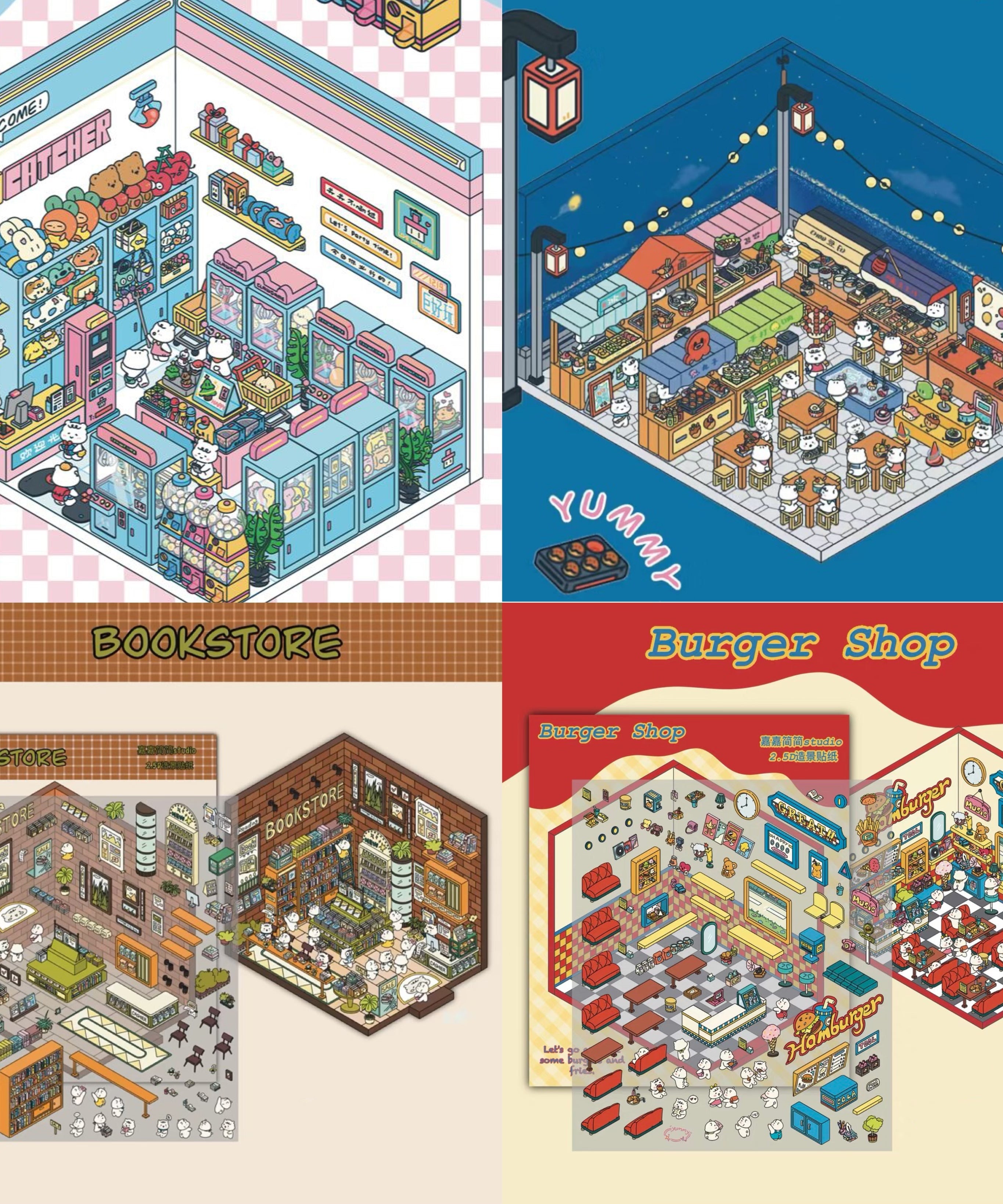 3D Miniature Scene Stickers, Make Claw Machine|Night Market|Bookstore|BurgerShop