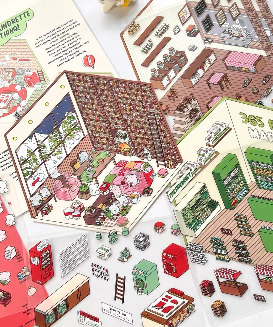 DIY 3D Sticker Scene,Make Your Own Baking Shop|Fresh Market|Bookstore|Laundry