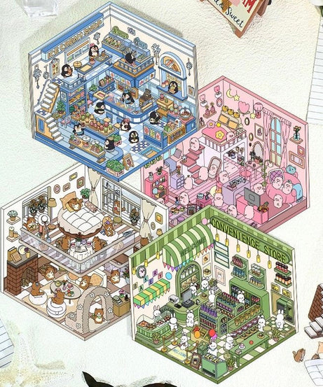 3D Sticker Scene, DIY Pink Hut|Coffee Cat Loft|Penguin Ice Cream|Bunny Store