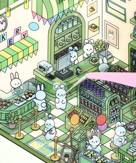 3D Sticker Scene, DIY Pink Hut|Coffee Cat Loft|Penguin Ice Cream|Bunny Store
