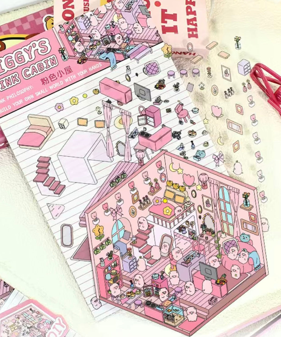 3D Sticker Scene, DIY Pink Hut|Coffee Cat Loft|Penguin Ice Cream|Bunny Store