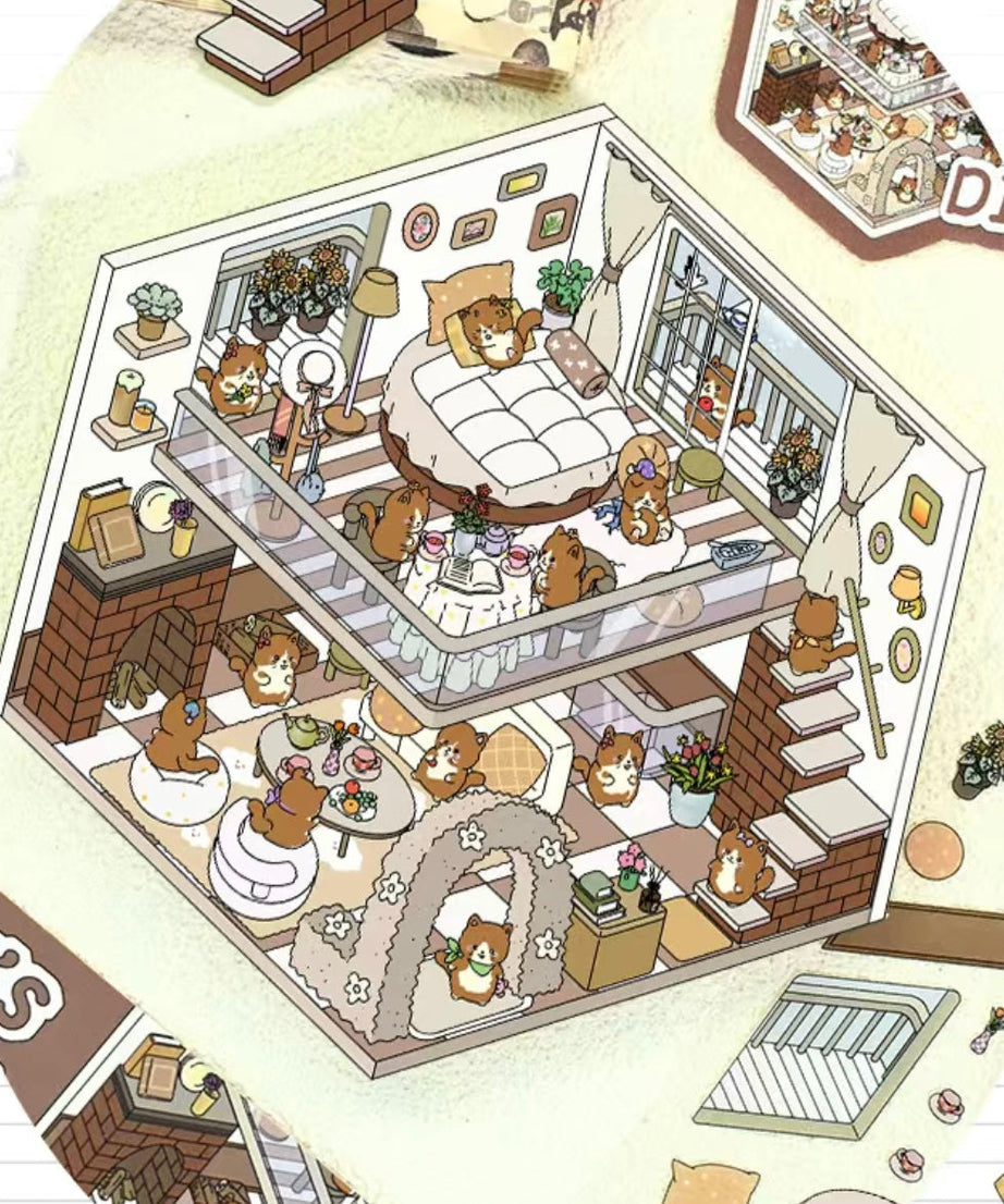 3D Sticker Scene, DIY Pink Hut|Coffee Cat Loft|Penguin Ice Cream|Bunny Store