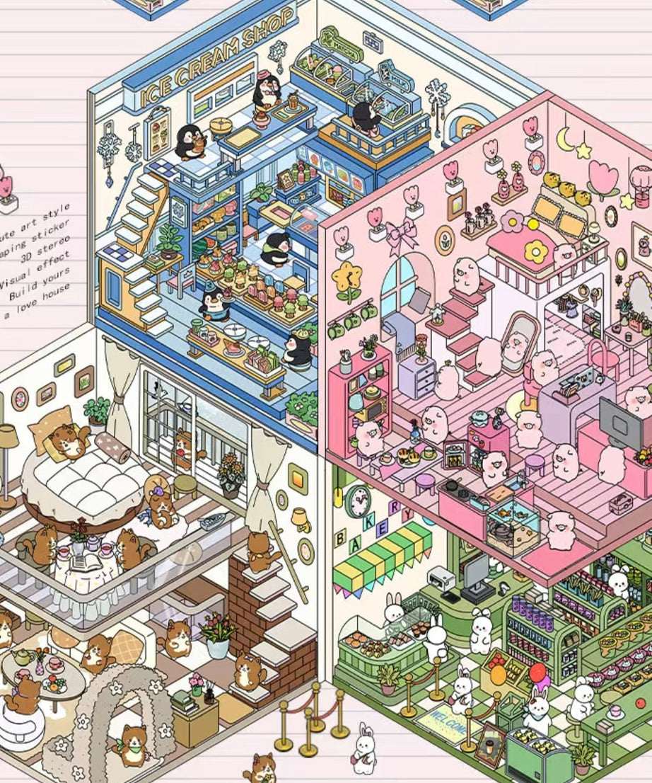 3D Sticker Scene, DIY Pink Hut|Coffee Cat Loft|Penguin Ice Cream|Bunny Store