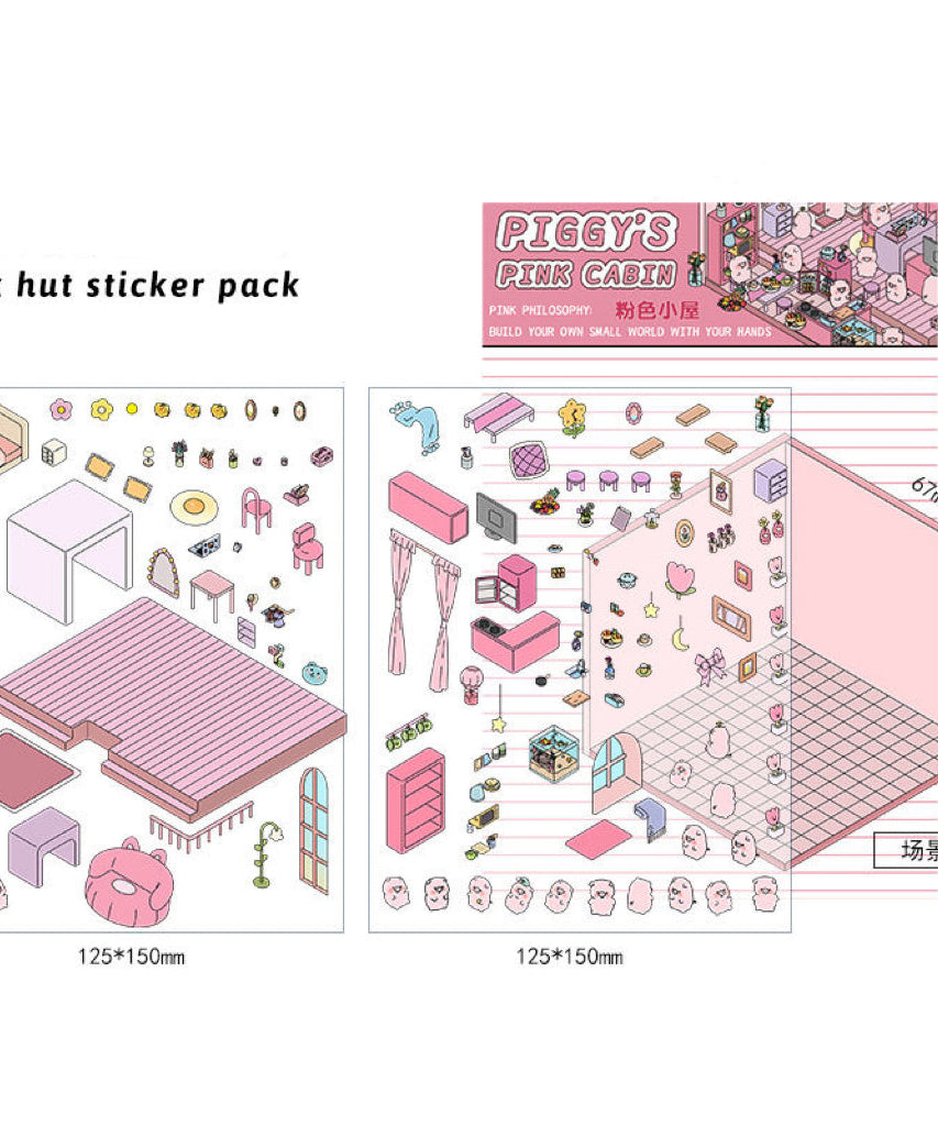 3D Sticker Scene, DIY Pink Hut|Coffee Cat Loft|Penguin Ice Cream|Bunny Store