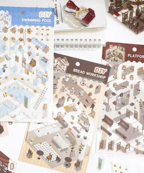 DIY 3D House Sticker Scene, Create Bookstore||Platform Station|Summer Pool|Bread Shop