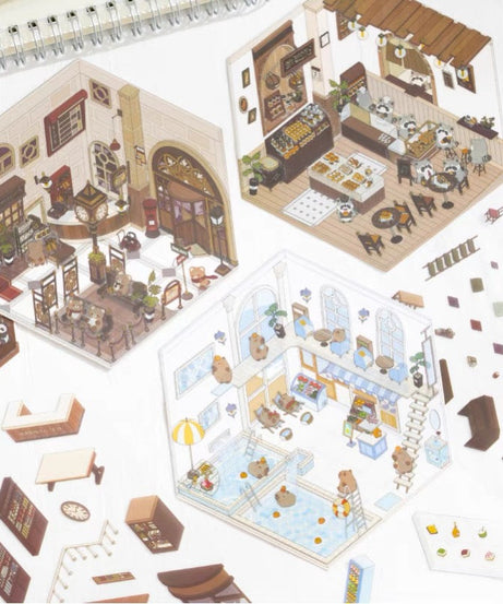 DIY 3D House Sticker Scene, Create Bookstore||Platform Station|Summer Pool|Bread Shop