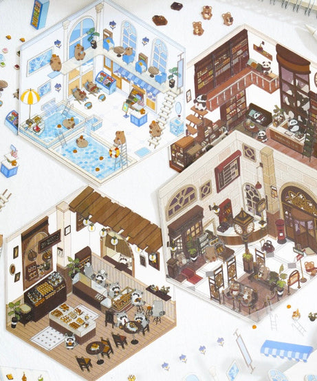 DIY 3D House Sticker Scene, Create Bookstore||Platform Station|Summer Pool|Bread Shop
