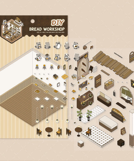 DIY 3D House Sticker Scene, Create Bookstore||Platform Station|Summer Pool|Bread Shop