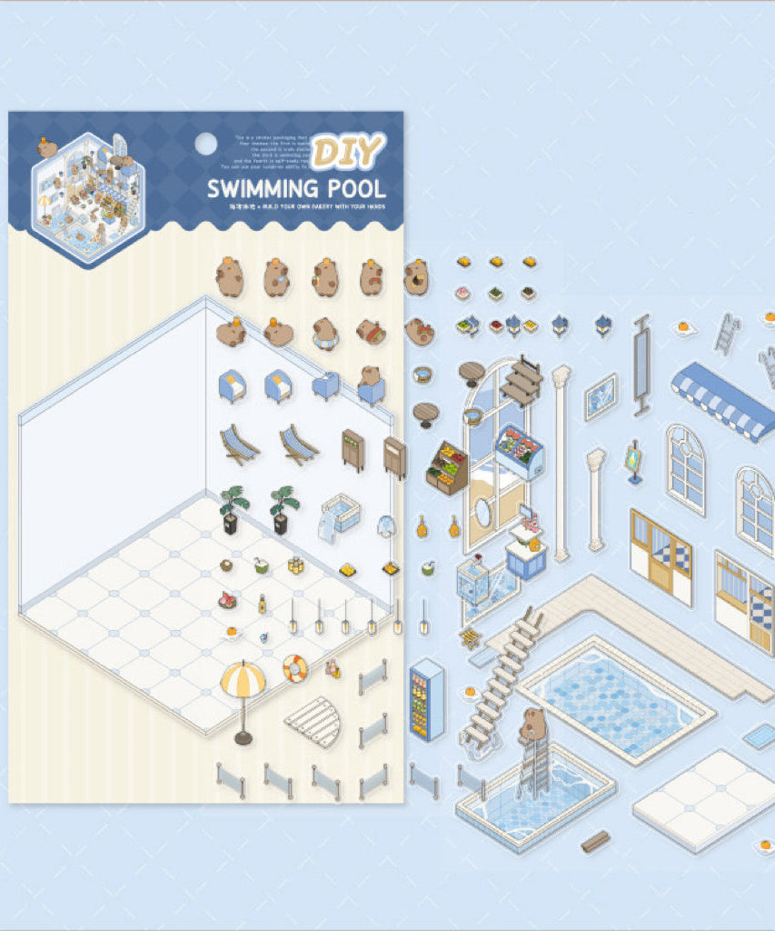 DIY 3D House Sticker Scene, Create Bookstore||Platform Station|Summer Pool|Bread Shop
