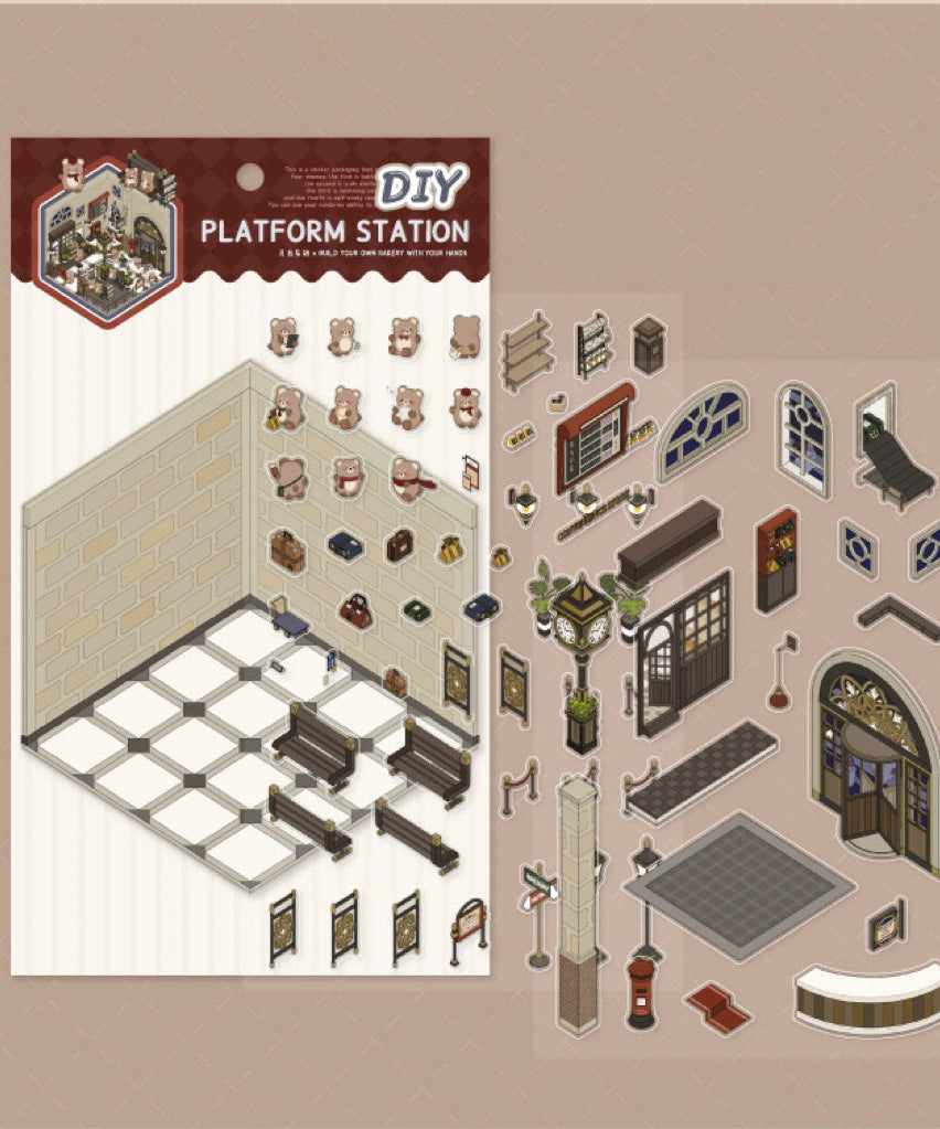 DIY 3D House Sticker Scene, Create Bookstore||Platform Station|Summer Pool|Bread Shop