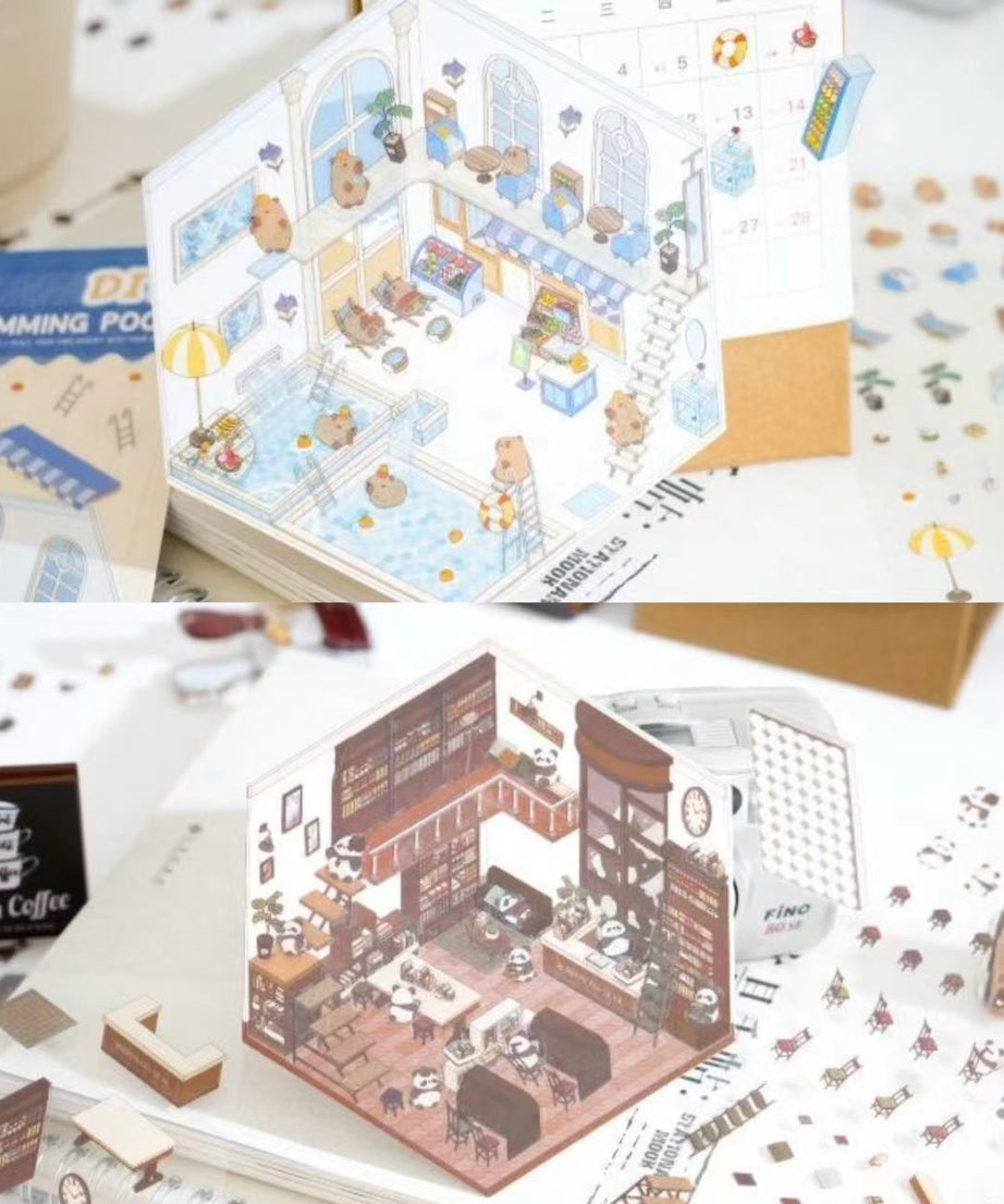 DIY 3D House Sticker Scene, Create Bookstore||Platform Station|Summer Pool|Bread Shop