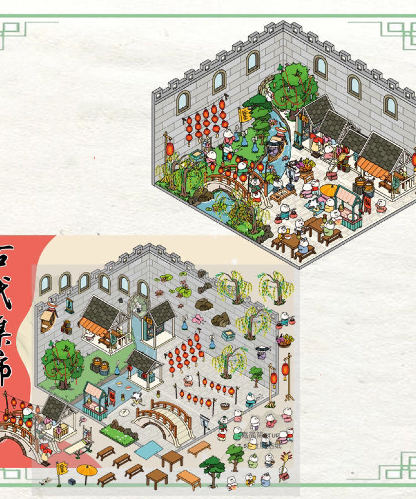 Ancient Chinese Architecture 3D Sticker Scenes, Build Chinese Garden Ancient Market