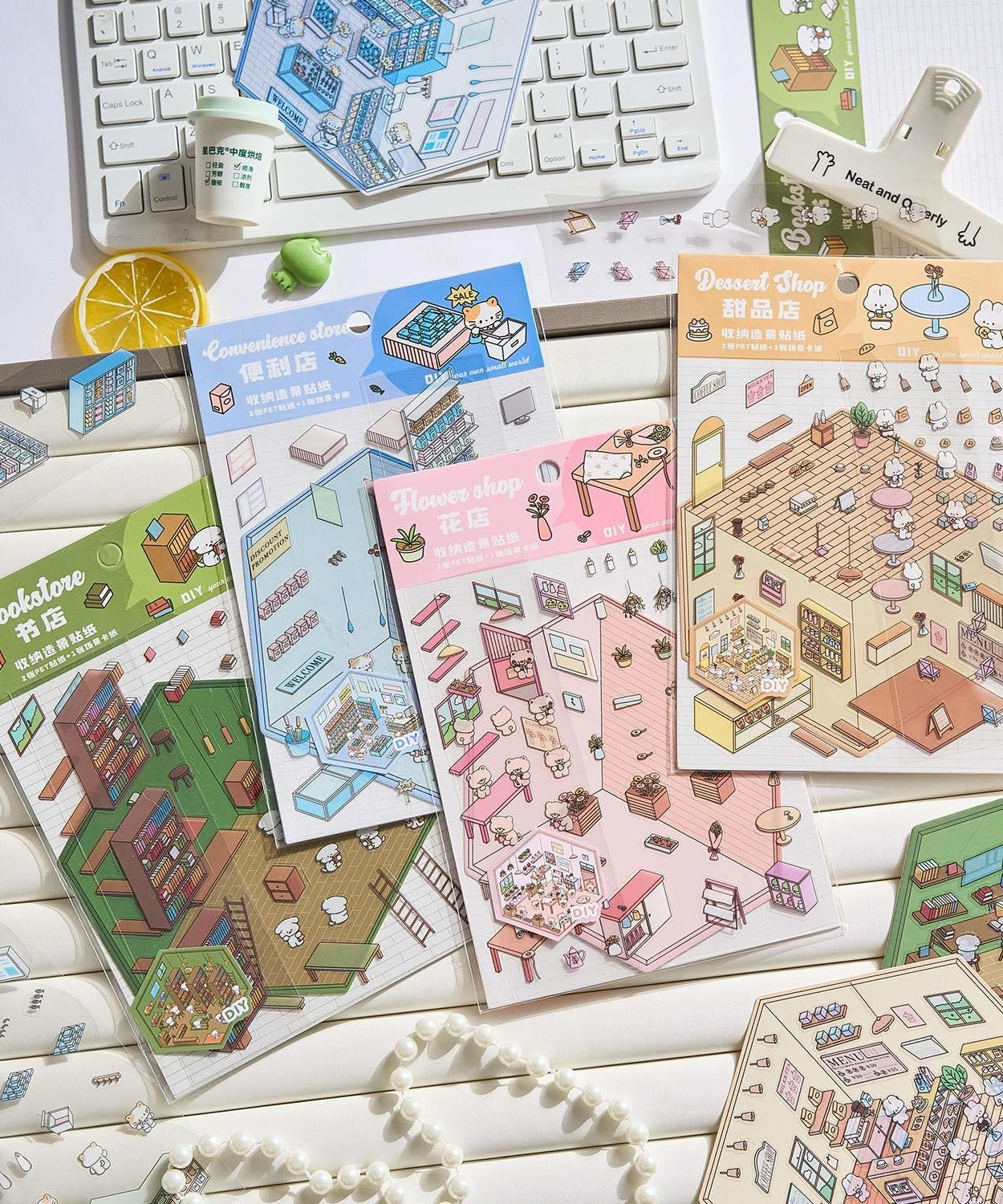 DIY Miniature Sticker Scene,Flower Shop|Bookstore|Dessert Shop|Convenience Store