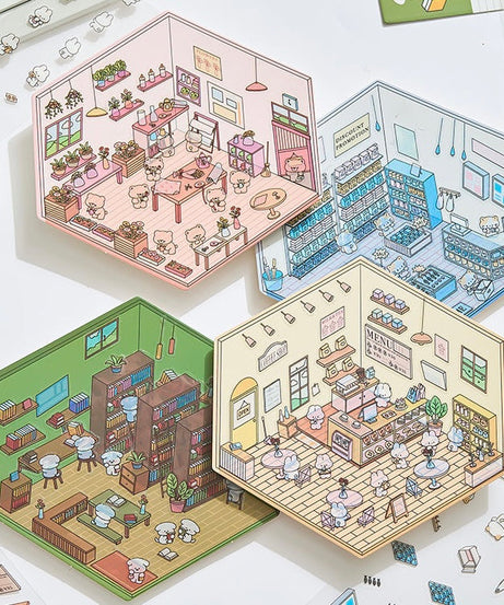 DIY Miniature Sticker Scene,Flower Shop|Bookstore|Dessert Shop|Convenience Store
