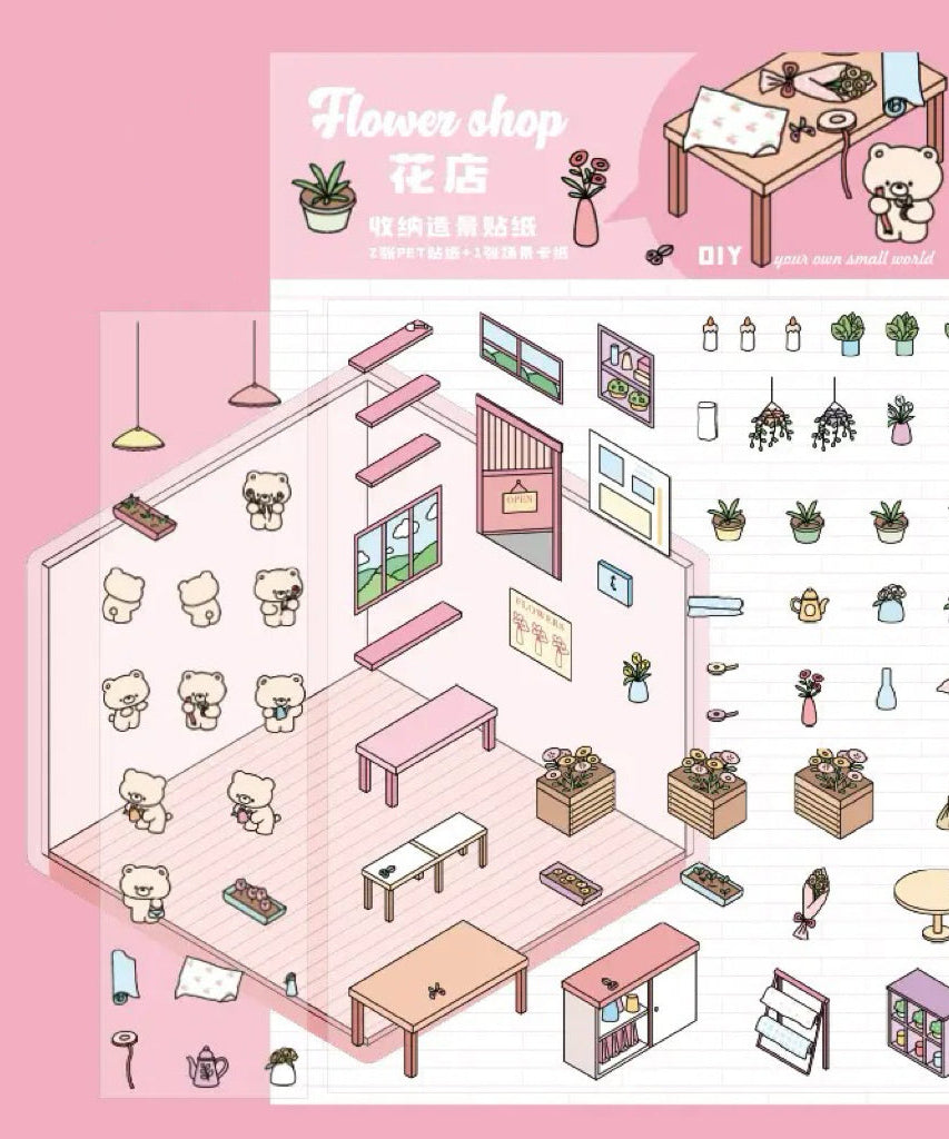 DIY Miniature Sticker Scene,Flower Shop|Bookstore|Dessert Shop|Convenience Store