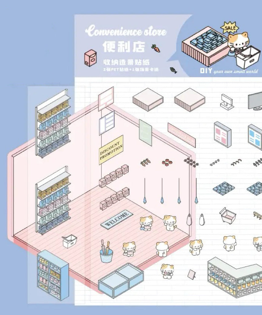 DIY Miniature Sticker Scene,Flower Shop|Bookstore|Dessert Shop|Convenience Store