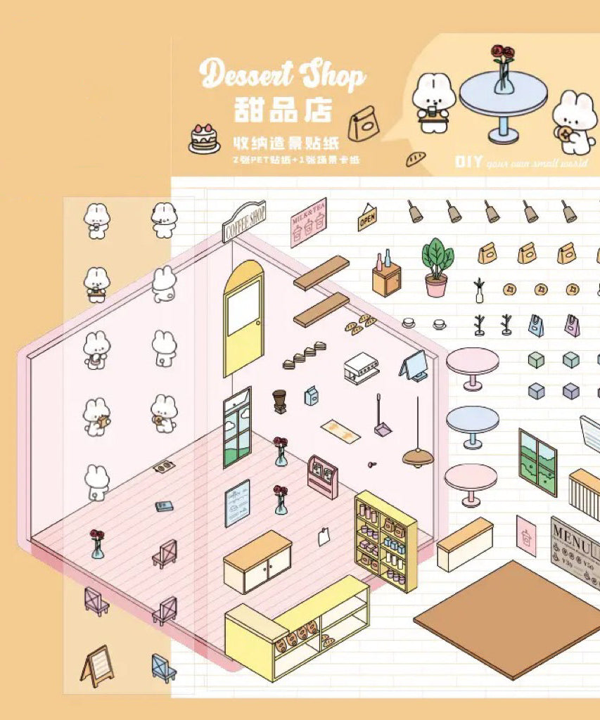 DIY Miniature Sticker Scene,Flower Shop|Bookstore|Dessert Shop|Convenience Store