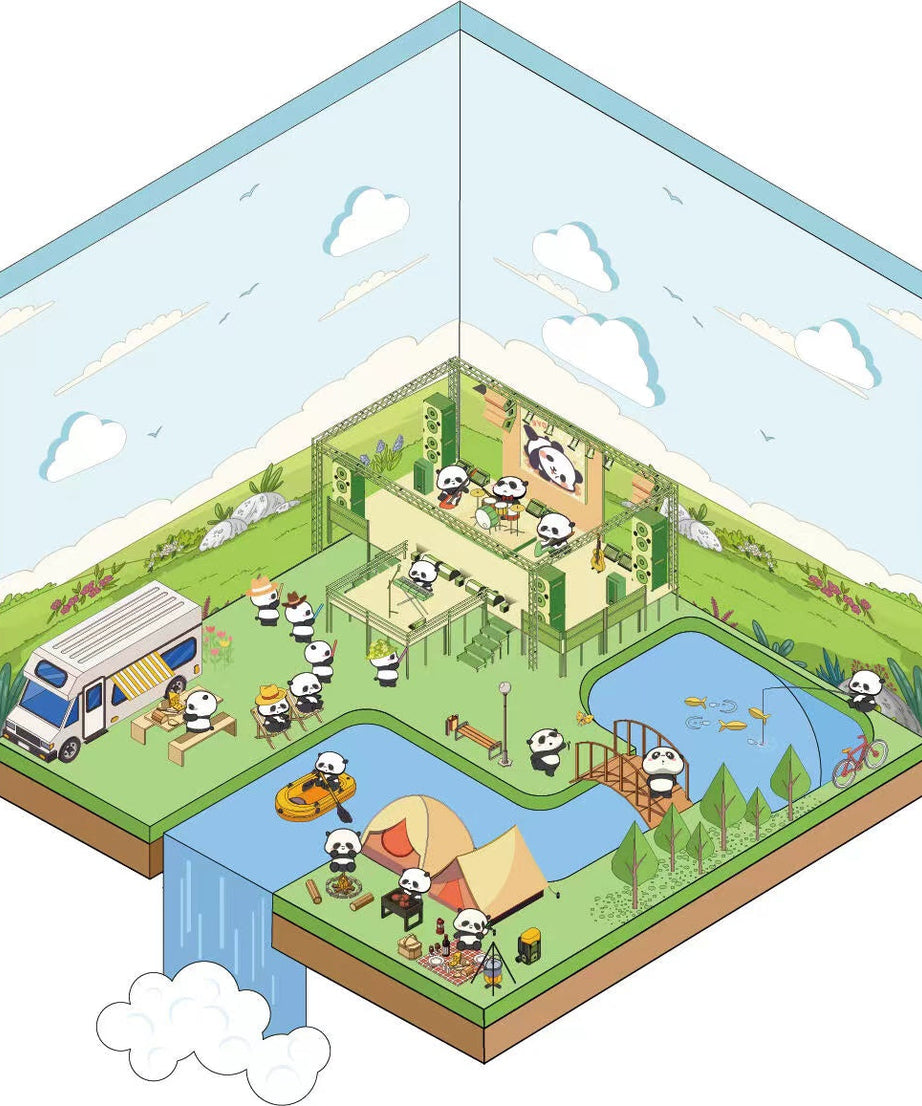 Cute Panda Sticker Scene, Panda Music Festival|Bookstore|Dessert Shop|Supermarket