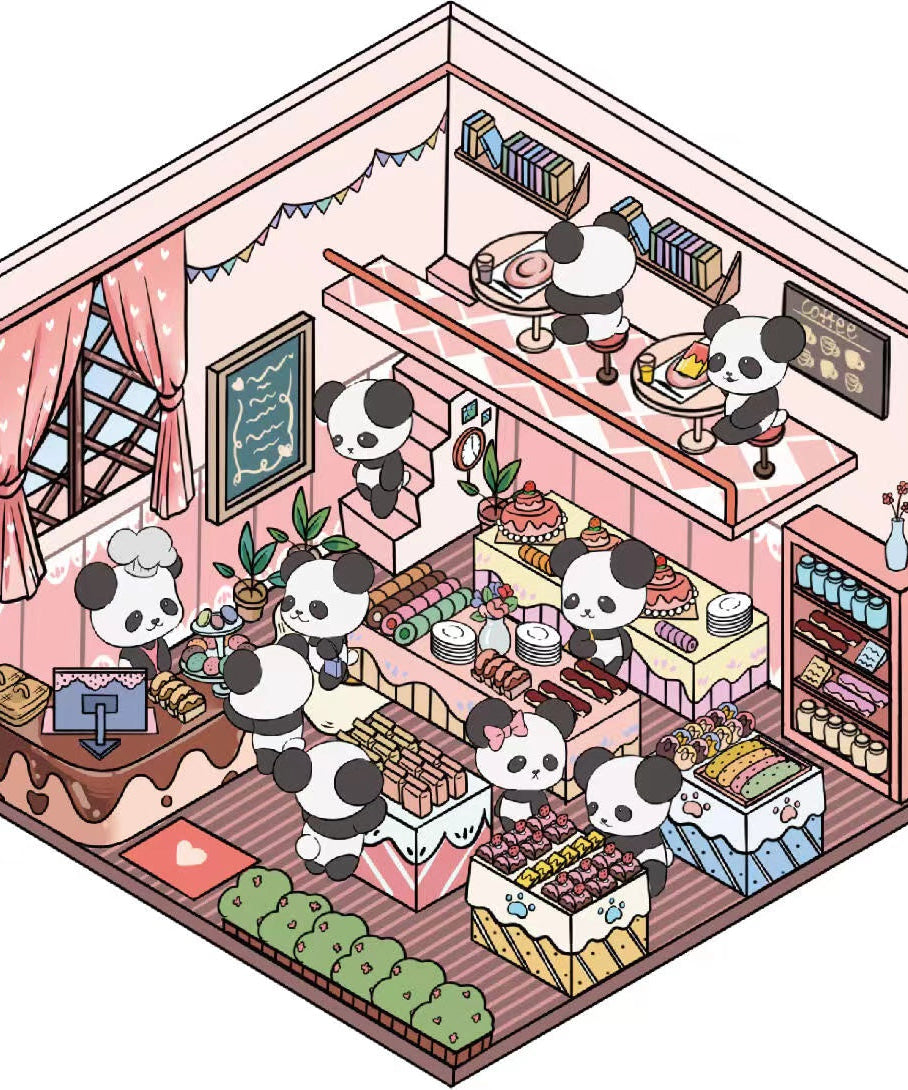 Cute Panda Sticker Scene, Panda Music Festival|Bookstore|Dessert Shop|Supermarket