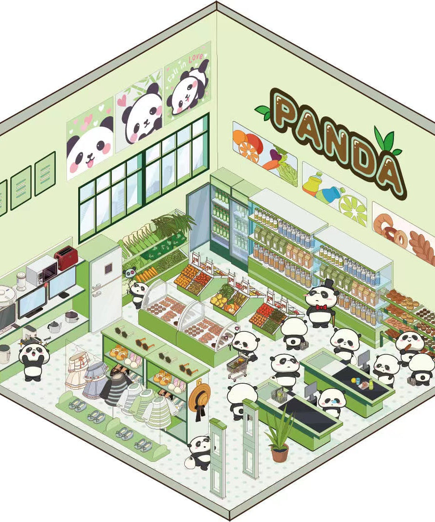 Cute Panda Sticker Scene, Panda Music Festival|Bookstore|Dessert Shop|Supermarket