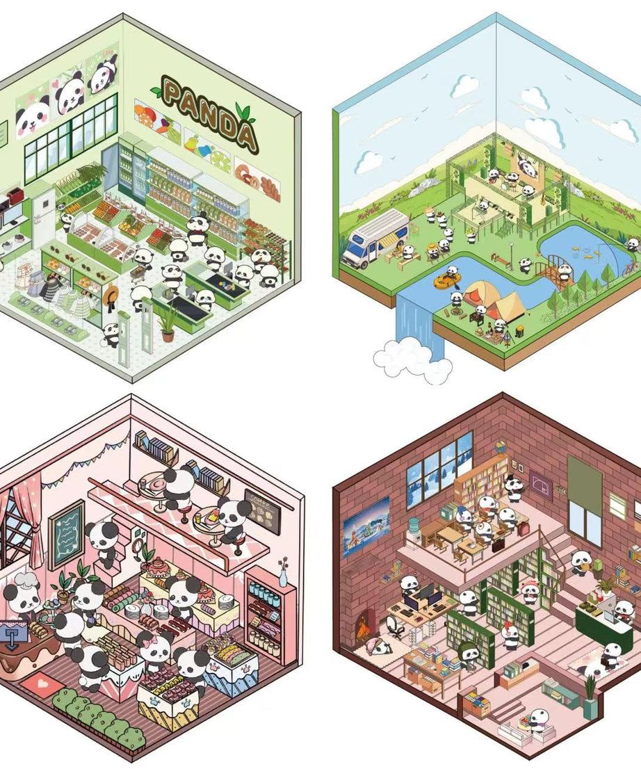 Cute Panda Sticker Scene, Panda Music Festival|Bookstore|Dessert Shop|Supermarket
