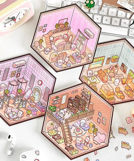 3D Puppy House Clothing Shop Dessert Shop Bookstore Sticker Scenes