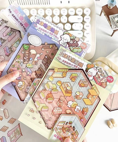 3D Puppy House Clothing Shop Dessert Shop Bookstore Sticker Scenes