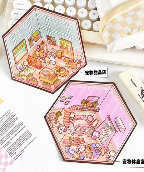 3D Puppy House Clothing Shop Dessert Shop Bookstore Sticker Scenes