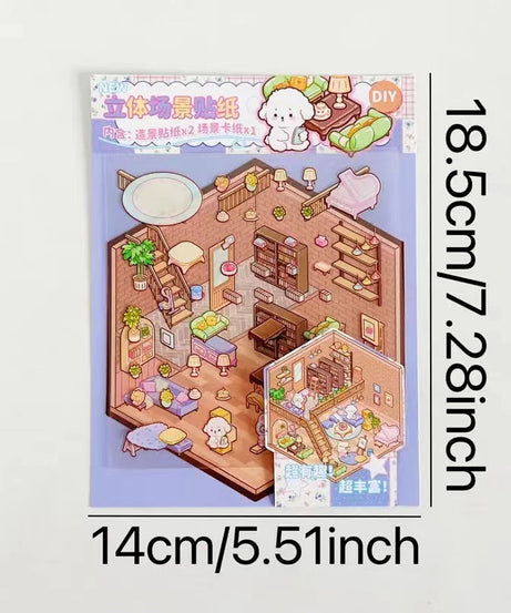 3D Puppy House Clothing Shop Dessert Shop Bookstore Sticker Scenes