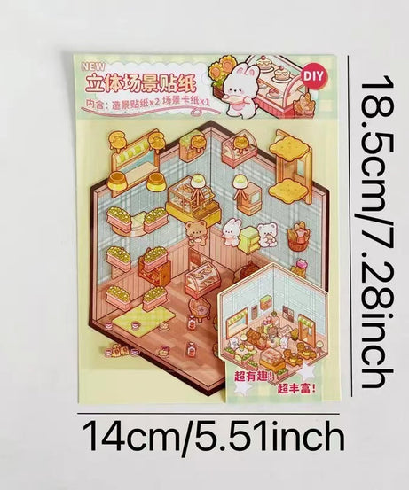 3D Puppy House Clothing Shop Dessert Shop Bookstore Sticker Scenes