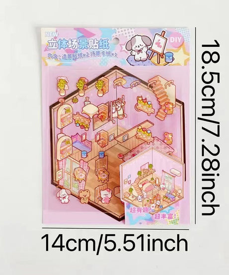 3D Puppy House Clothing Shop Dessert Shop Bookstore Sticker Scenes