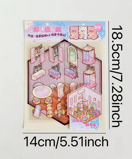 3D Puppy House Clothing Shop Dessert Shop Bookstore Sticker Scenes