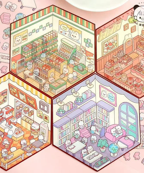 Stickers Scene, Make Cute Rabbit Dessert Shop|Panda Tea House|Bookstore|Burger Shop