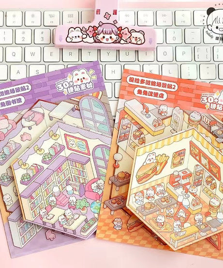 Stickers Scene, Make Cute Rabbit Dessert Shop|Panda Tea House|Bookstore|Burger Shop