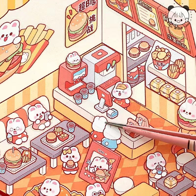 Stickers Scene, Make Cute Rabbit Dessert Shop|Panda Tea House|Bookstore|Burger Shop