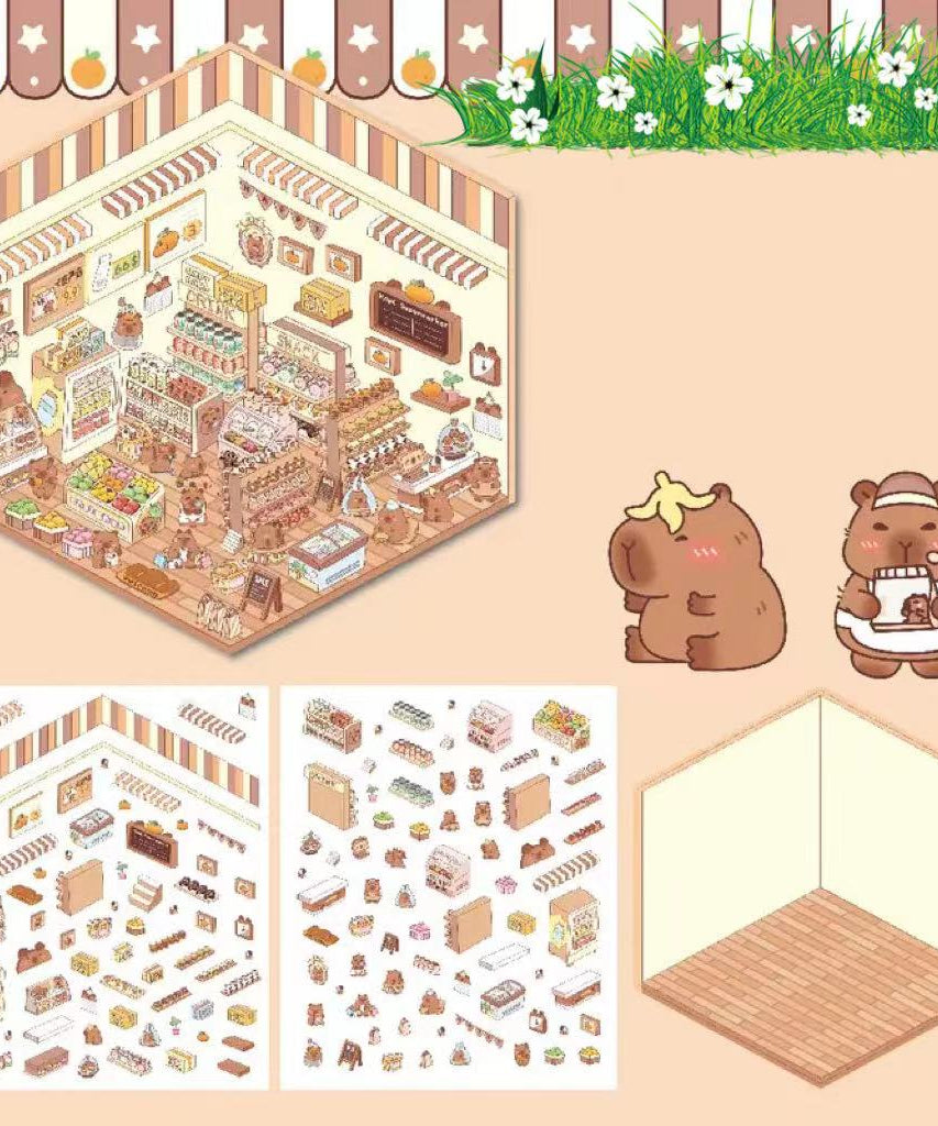 Capybara Supermarket Pink Pony House Bear Bakery Puppy Restaurant Sticker Scene
