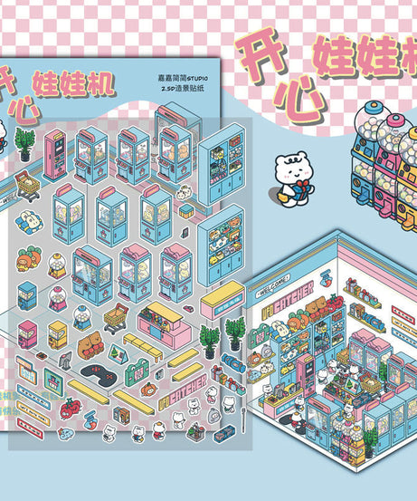 3D Miniature Scene DIY Work Time Bookstore Claw Machine Night Market Stickers