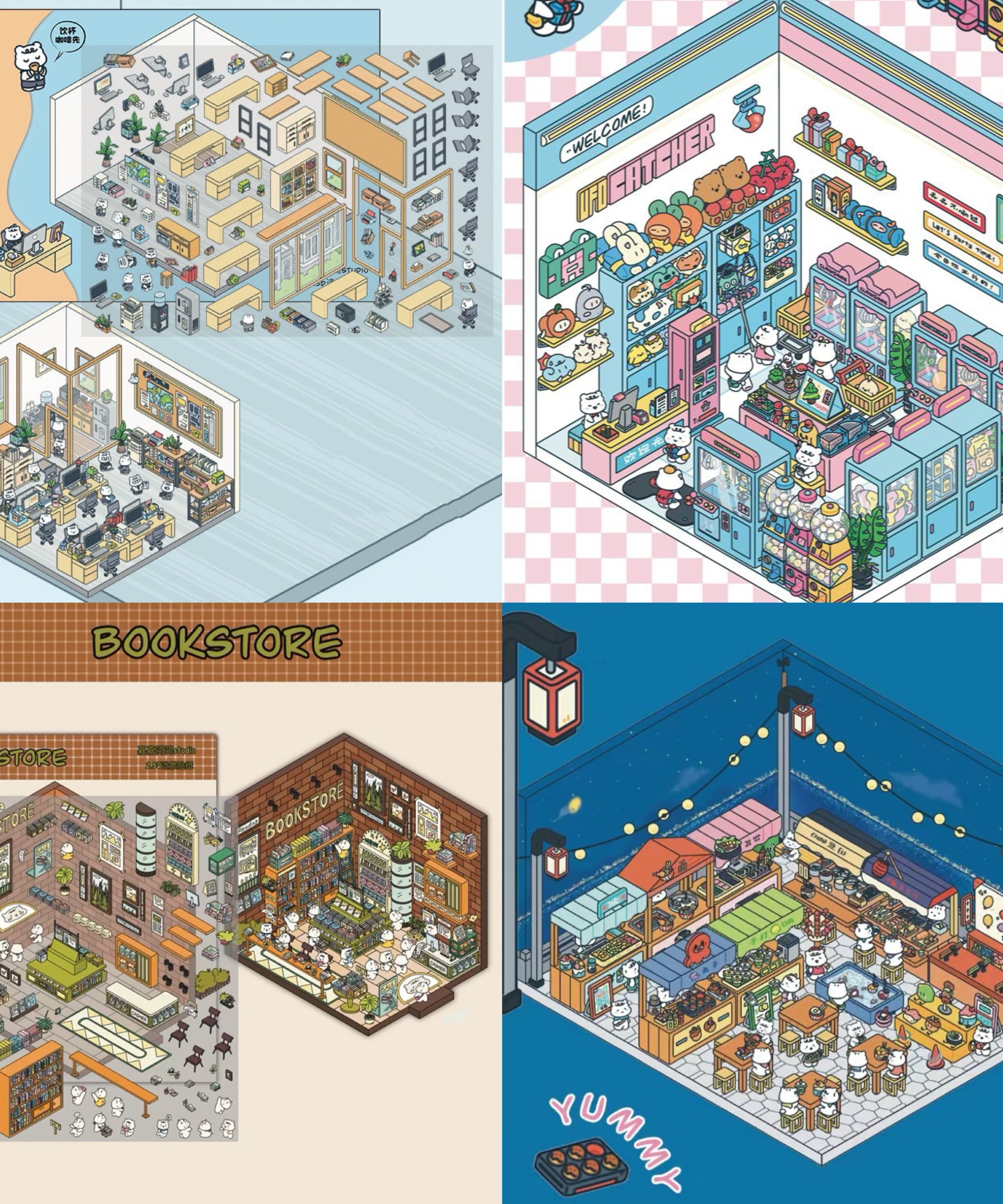 3D Miniature Scene DIY Work Time Bookstore Claw Machine Night Market Stickers