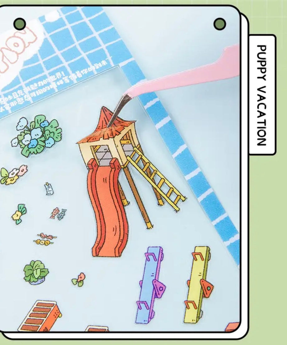 Puppy Sticker Scenes! Create your Own Four Puppy Library|Cinema|Resort|Market