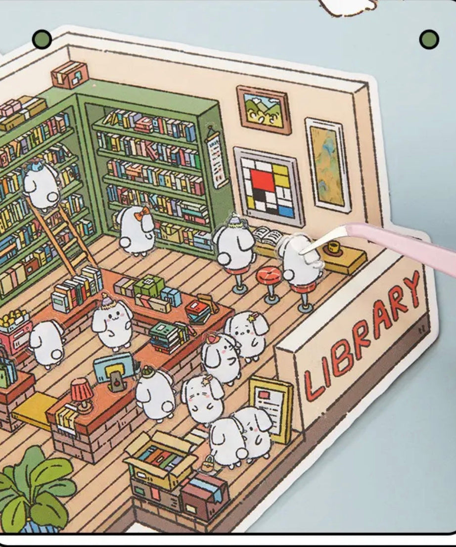 Puppy Sticker Scenes! Create your Own Four Puppy Library|Cinema|Resort|Market