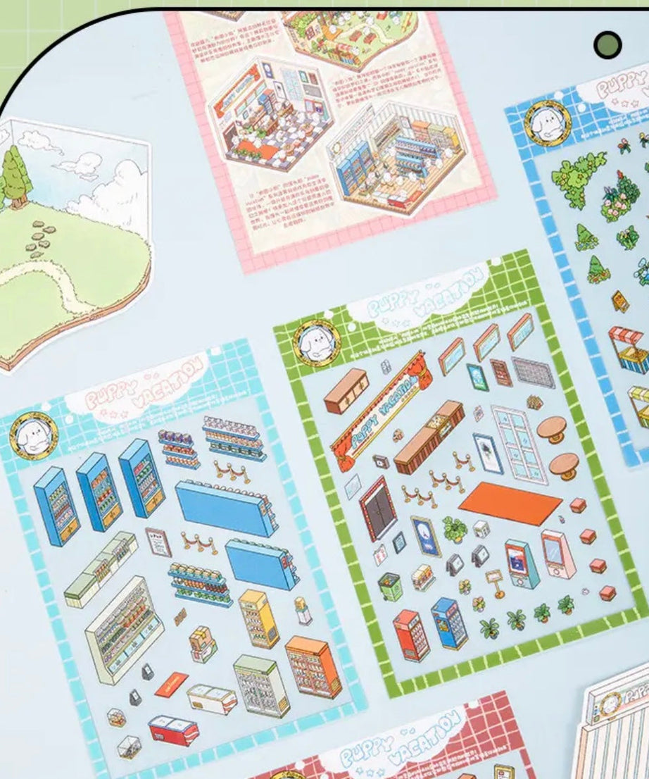 Puppy Sticker Scenes! Create your Own Four Puppy Library|Cinema|Resort|Market