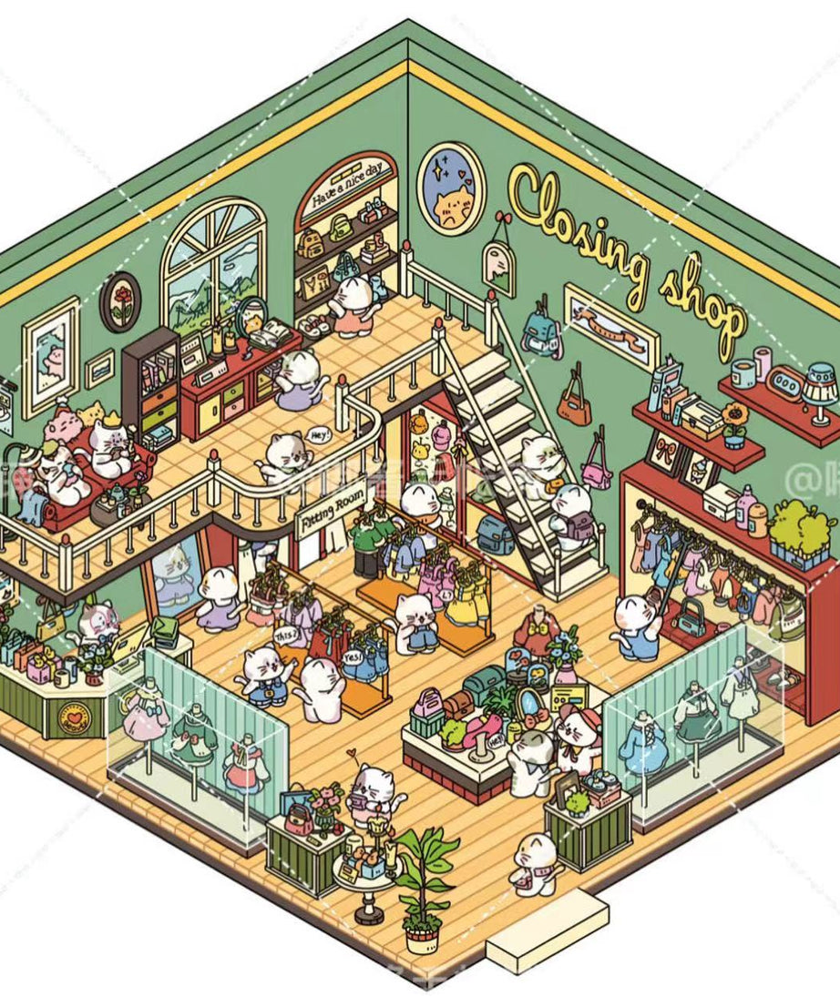 3D Sticker Scene,Make a Sunshine Greenhouse|Coffee Shop|Candy House|Clothing Shop