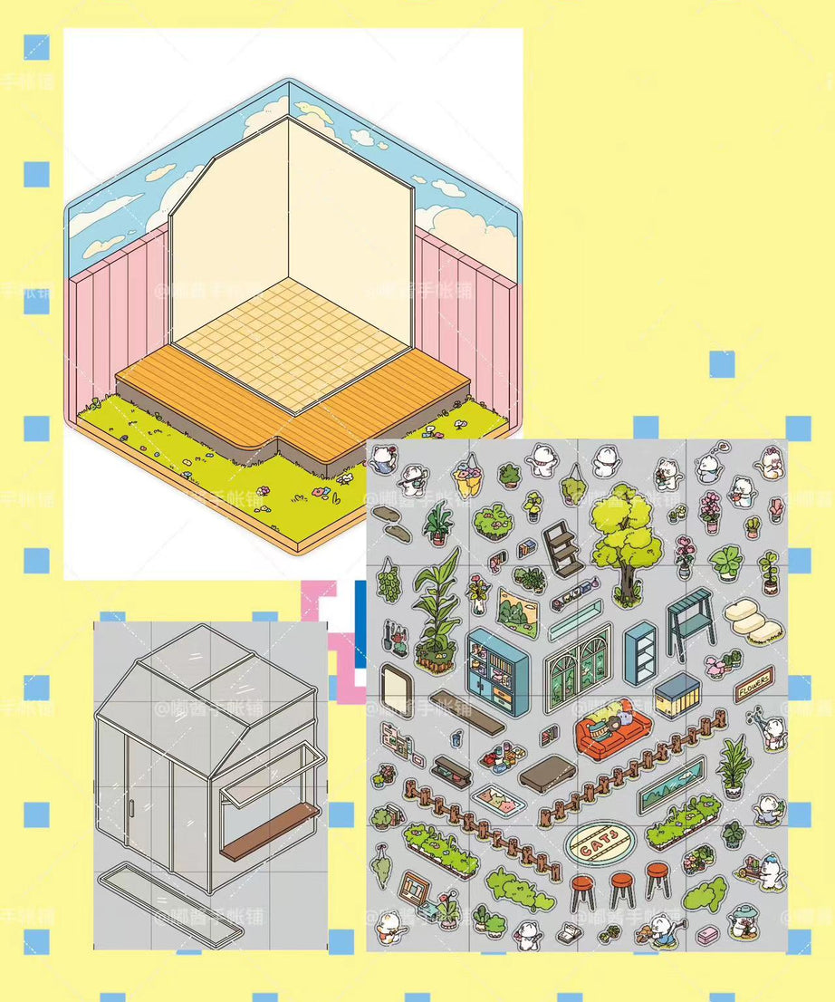 3D Sticker Scene,Make a Sunshine Greenhouse|Coffee Shop|Candy House|Clothing Shop