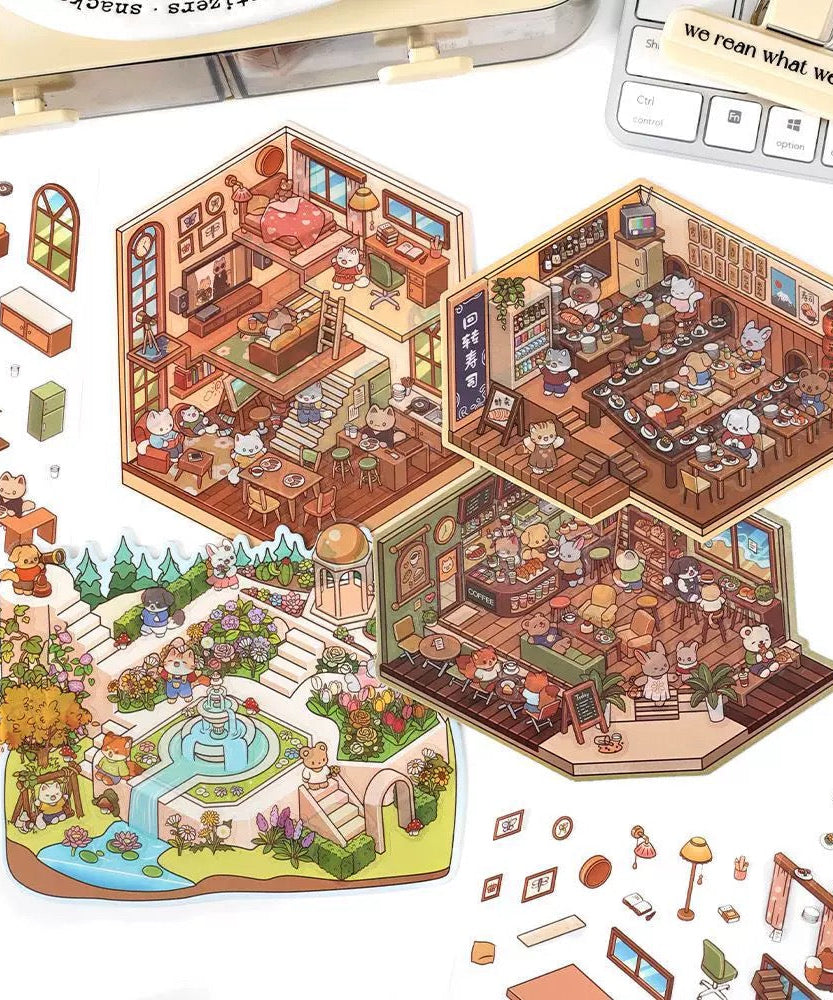 Sticker Scenes! Sunshine Greenhouse|Cat Cafe|Bakery|Library