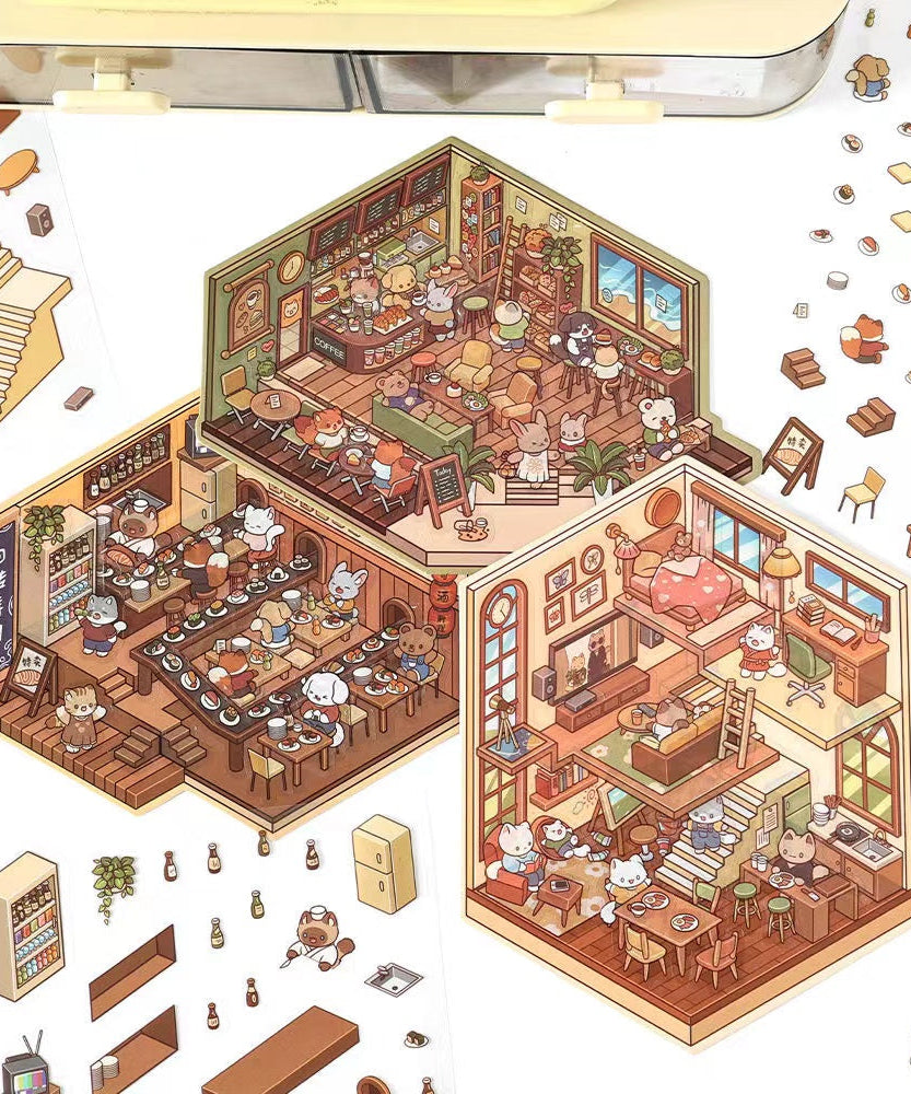 Sticker Scenes! Sunshine Greenhouse|Cat Cafe|Bakery|Library