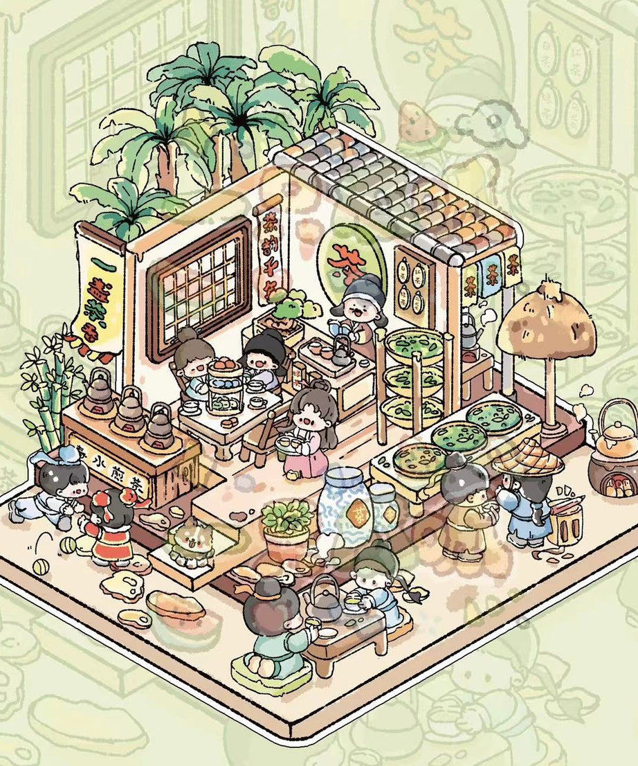 DIY Sticker Scene:Traditional Chinese Tea House Medicine Clinic Restaurant Cloth Shop