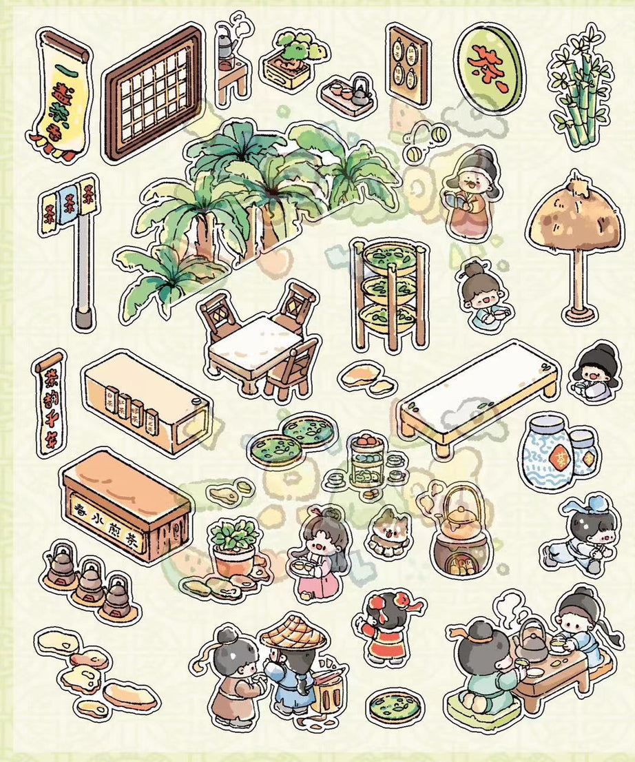 DIY Sticker Scene:Traditional Chinese Tea House Medicine Clinic Restaurant Cloth Shop