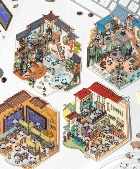 Traditional Chinese Architecture Sticker Scene: Dim Sum|Hot Spring|Night Market|Bookstore